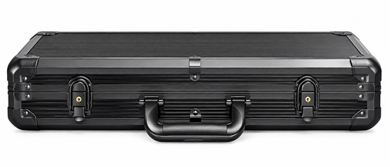 Black aluminum poker chip case, closed, front view